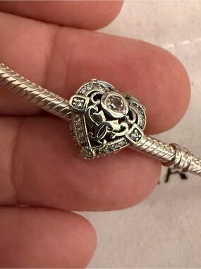 Pandora Silver Heart Filigree Charm with Clear Pink Stone